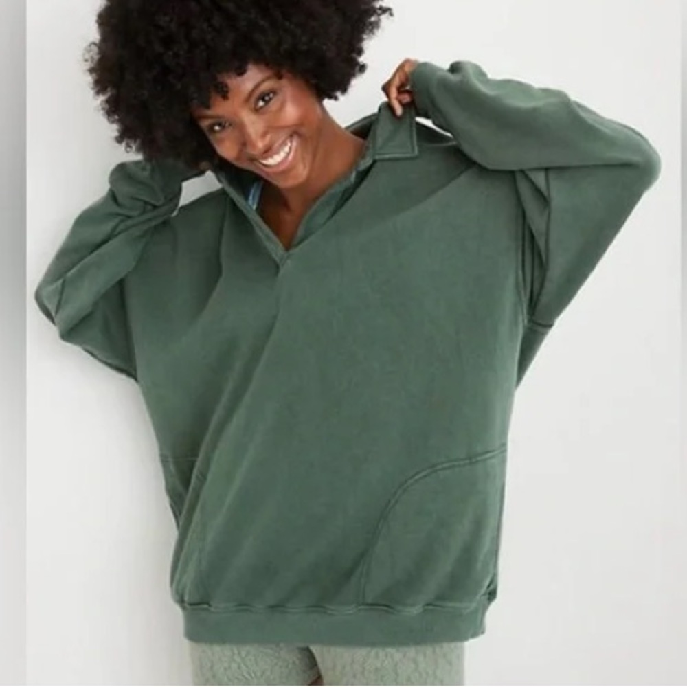Aerie Happy Henley everyday green polo sweatshirt size small